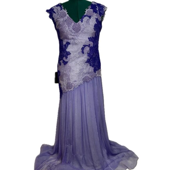 Lace Chiffon Cap Sleeve V-Neck Evening Gown Dress - Picture 3 of 7